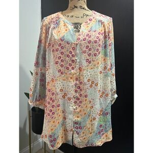 Rose + Olive Patchwork Floral Smocked Button Front Blouse Top 1X Multi Color